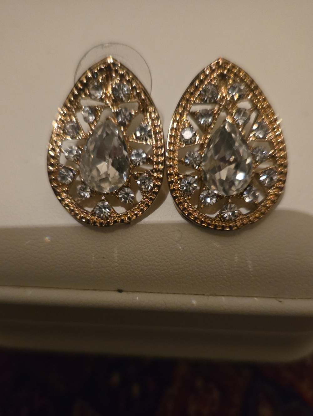 Gold Teardrop Crystal Statement Earrings - Unbranded